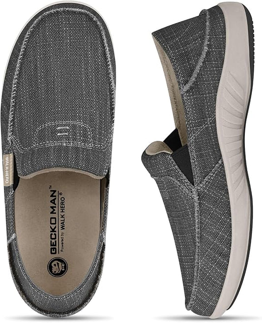 Mens Slip On Shoes, Canvas Mens Loafers with Arch Support, Orthopedic Mens Boat Shoes for Plantar Fasciitis, Indoor & Outdoor Walking Slippers Shoes for Pain Relief