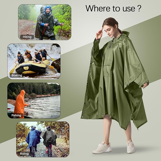 NUUR Rain Poncho for Women Adults Unisex Hooded Zipper Raincoat Waterproof Reusable Hiking Rain Coat with Pockets