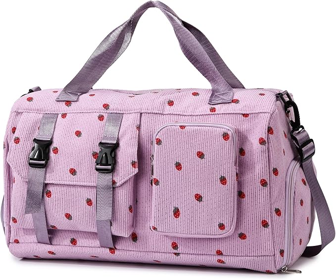 MYHOZEE Strawberry Corduroy Duffel Bag for Women, Gym Bag with Shoe Compartment & Wet Dry Pocket, Lightweight Travel Bag with Adjustable Strap, Sports Weekender Overnight Bag for Work Swimming Yoga
