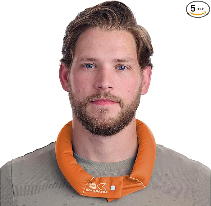 KOOLGATOR Evaporative Cooling Neck Wrap – Reusable Neck Cooler with Long Lasting Relief During Hot Weather Activities, Sports, & Outdoor Work, Orange, 5 Pack