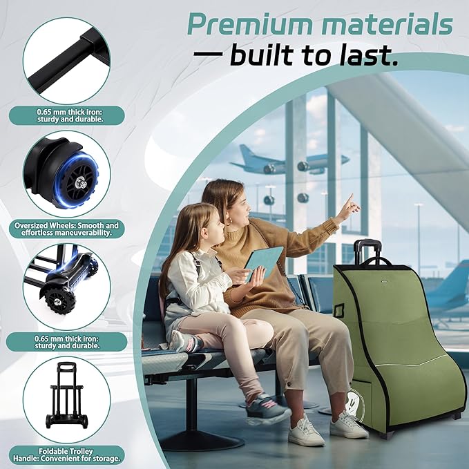 Rolling Car Seat Travel Bag with Wheels – Car Seat Backpack Transport Case for Airplane Travel, Fits Convertible & Booster Seats, Protective Storage Cover, (Green)