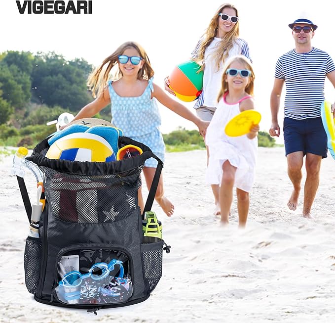 Drawstring Mesh Backpack - Beach/Pool Swim Bag with Shoe Compartment - Sandproof Wet Bag for Swimsuit - Summer Camp Essentials