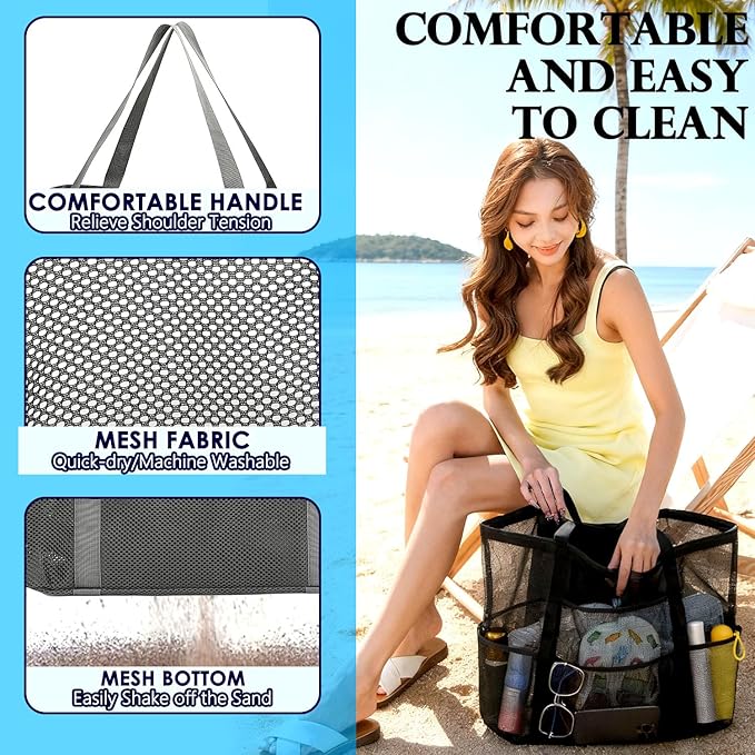 Mesh Beach Bag, Large Beach Tote with Zipper Pocket, Toys Pool Bag for Family Travel Vacation Cruise Essentials