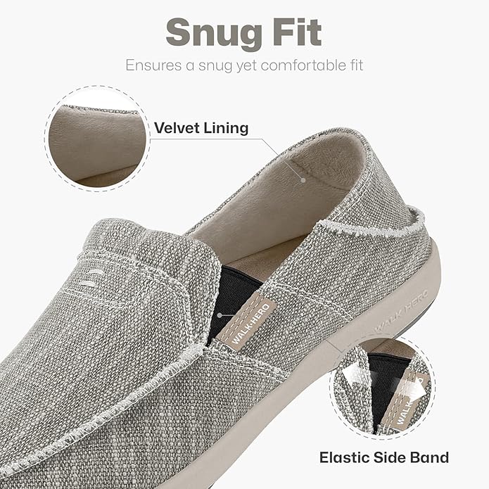 Mens Slip On Shoes, Canvas Mens Loafers with Arch Support, Orthopedic Mens Boat Shoes for Plantar Fasciitis, Indoor & Outdoor Walking Slippers Shoes for Pain Relief