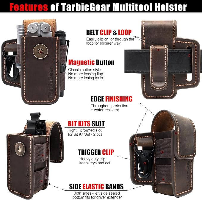 Leather Multitool Sheath for Belt, Multitool Holster with Belt Clip for Men, Pocket Organizer for Work, Fits for Leatherman, SOG, Gerber Tools