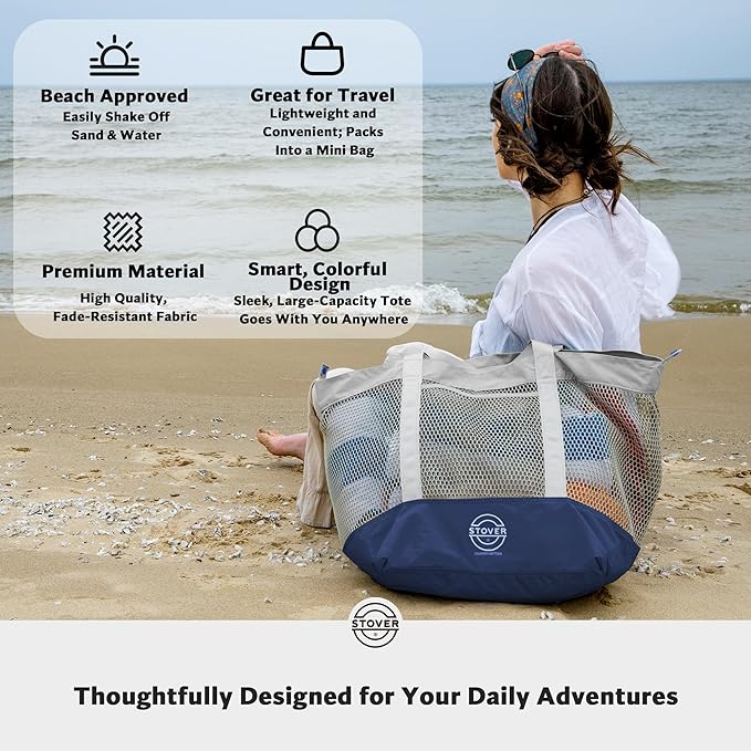 STOVER Extra Large Mesh Beach Bag, Vacation, Pool, Shopping & Travel Tote - Foldable w/Storage Pouch & Pockets for Women, Men
