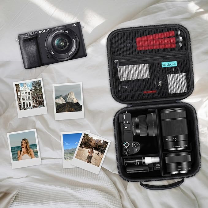 RAIALL Camera Case for Sony Alpha a6000/a6100/a6400/a6600/a6700/ Sony Alpha 7 II III IV/7R V/ZV-E10/ ZV-E10 II Mirrorless Digital Camera and Lens, Hard Travel Bag with a Shoulder Strap, Black