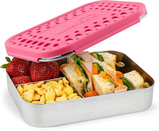 LunchBots Large Trio Stainless Steel Lunch Container -Three Section Design for Sandwich and Two Sides - Metal Bento Lunch Box - Eco-Friendly - Stainless Lid - Pink Dots