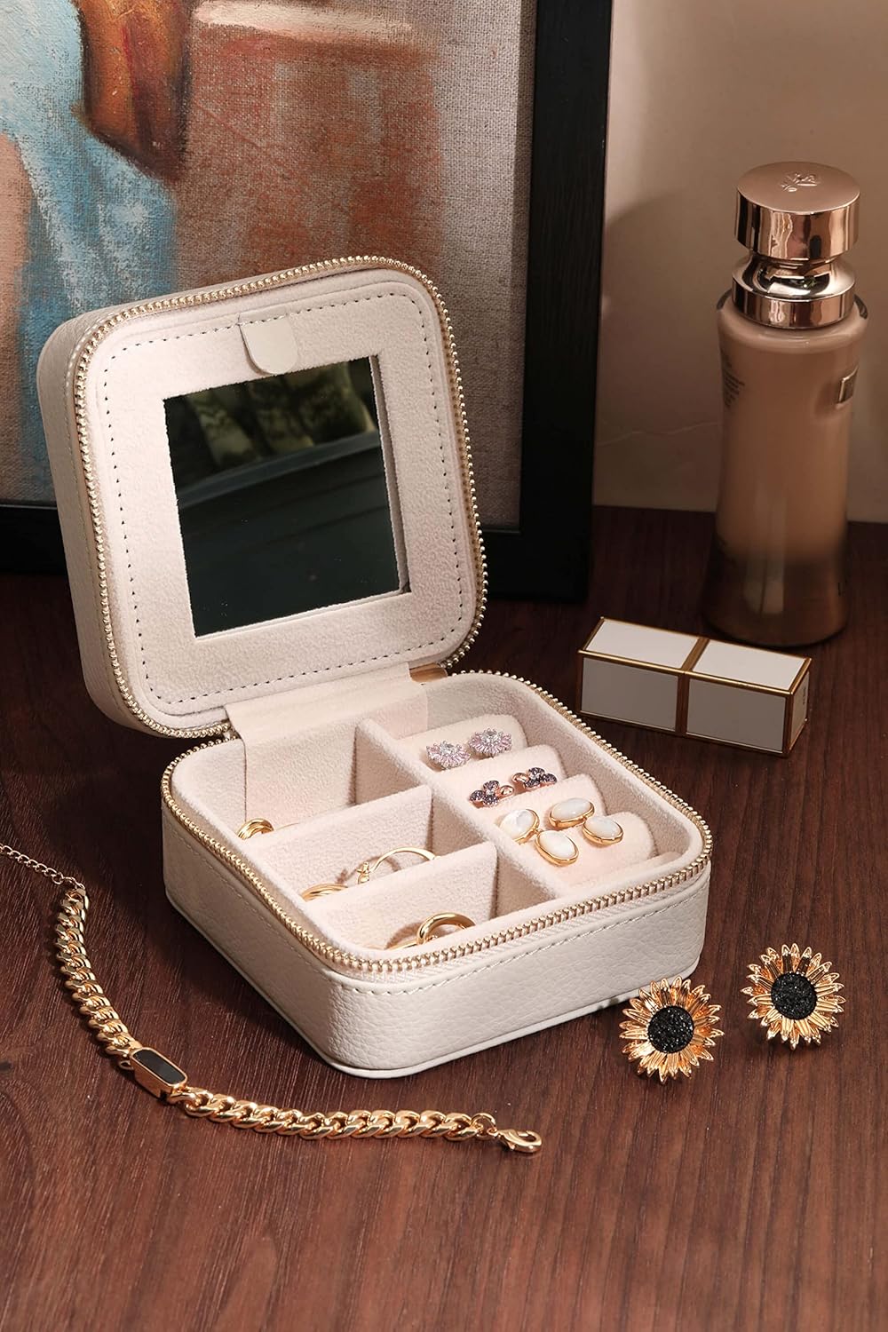 S.Leaf Travel Jewelry Organizer - Portable Jewelry Case Box for Women - Mini Travel Case (03 Lychee Beige)