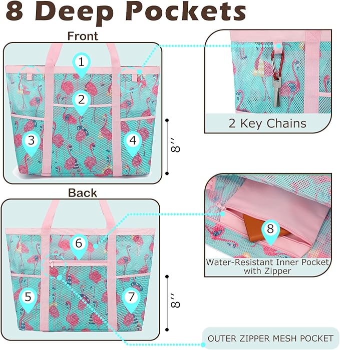 Mesh Beach Bag with Zipper, Large Beach Tote for Women, Toys Pool Swim Bag Travel Vacation Cruise Essentials