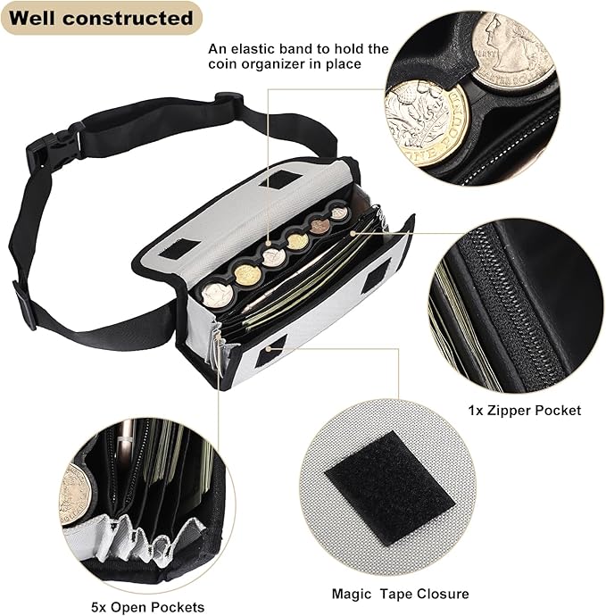 BSTKEY US Coin Holder Coin Dispenser, Fanny Pack with Banknote Waiters Purse Coin Sorter Coin Organizer, Coin Storage Bag with Belt for Waitress Server Collector Cashier Change （Gray）