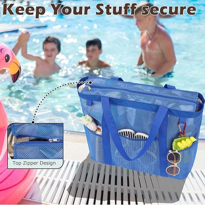 Mesh Beach Bag with Zipper, Large Beach Tote for Women, Toys Pool Swim Bag Travel Vacation Cruise Essentials
