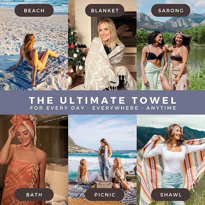 FESHKA Sand Free Turkish Beach Towel (37 x 67) Quick Dry Bath Towel, Oversized Beach Blanket, Lightweight for Travel - Made with 100% Organic Turkish Cotton - Medor (Denim)
