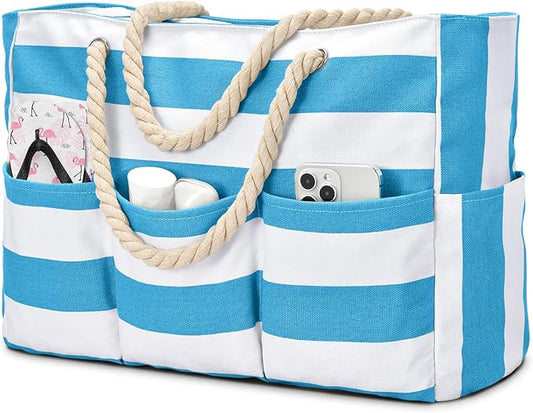 Becokan Beach Bags for Women Canvas Large Beach Tote Bag Zipper Waterproof Sandproof Foldable Swim Pool Bag with 7 Pockets