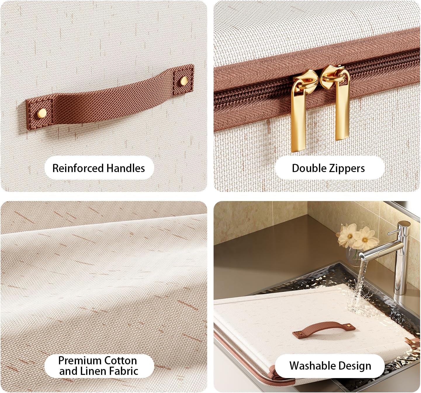 Tuza 3 Pcs Rigid Storage Bins with Zipper Lid, Cotton Linen Fabric Storage Boxes, Foldable Shelves Clothes Storage Cubes with Handles for Wardrobe, Closet(Beige, 25L)
