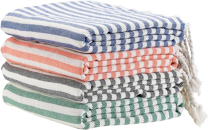 4 Pack Turkish Striped Beach Towels Bulk Oversized 39"x71" Large Bath and Pool Set Quick Dry Lightweight Travel Towel for Adult,100% Cotton
