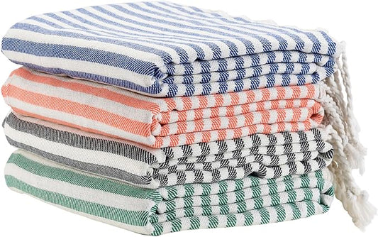 4 Pack Turkish Striped Beach Towels Bulk Oversized 39"x71" Large Bath and Pool Set Quick Dry Lightweight Travel Towel for Adult,100% Cotton