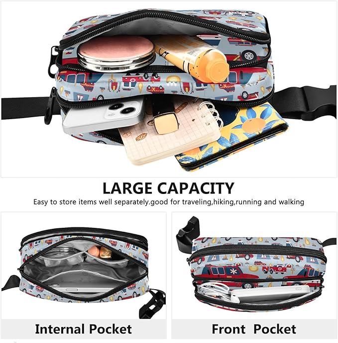 Kawaii Fire Police Cars Fanny Pack for Women Men Water Resistant Fashion Waist Packs with Adjustable Strap Belt Bag for Travel Workout Jogging Hiking 21219351