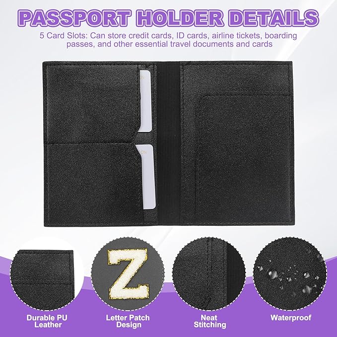 PATIKIL Passport Holder for Travel, Initial Passport Cover and Luggage Tag Set with Alphabet Chenille Letter Patch Travel Wallet Bag Suitcase Identifier for Women Family Travel Black Z