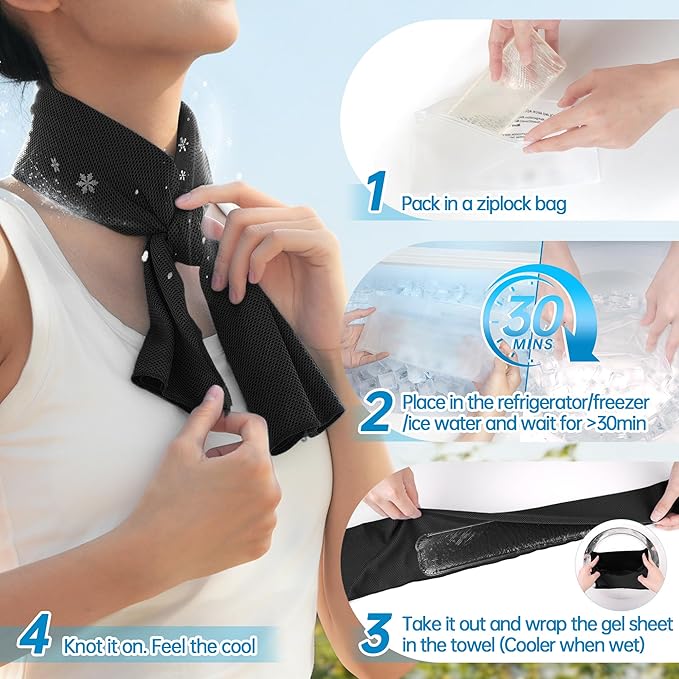 Dual-Action Cooling Neck Wraps, 37”x12” Cooling Towel + 220g Gel Sheet, Neck Coolers for Hot Weather, Ice Pack, Washable Gym Towel