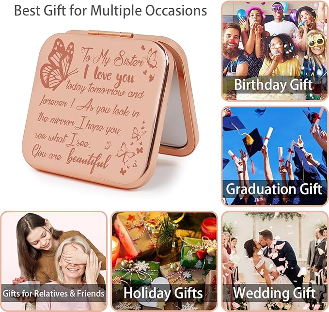 Small Compact Mirror, Rosegold Square 2.8”×2.8” Metal Frame Smooth Style Double Sided Mini Magnifying 1X/2X Mirror for Purse Can be Used as Gifts for Woman (RGSr03)