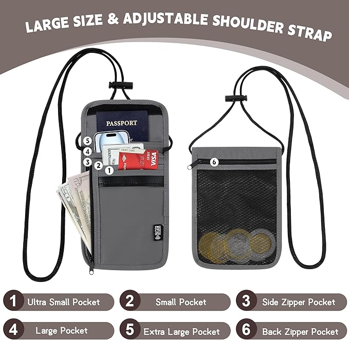 5.5" L x 7.9" W Travel Neck Wallet, RFID Blocking Passport Holder, Security Lightweight Passport Travel Wallet, Neck Pouch Gifts for Women Men(Grey)
