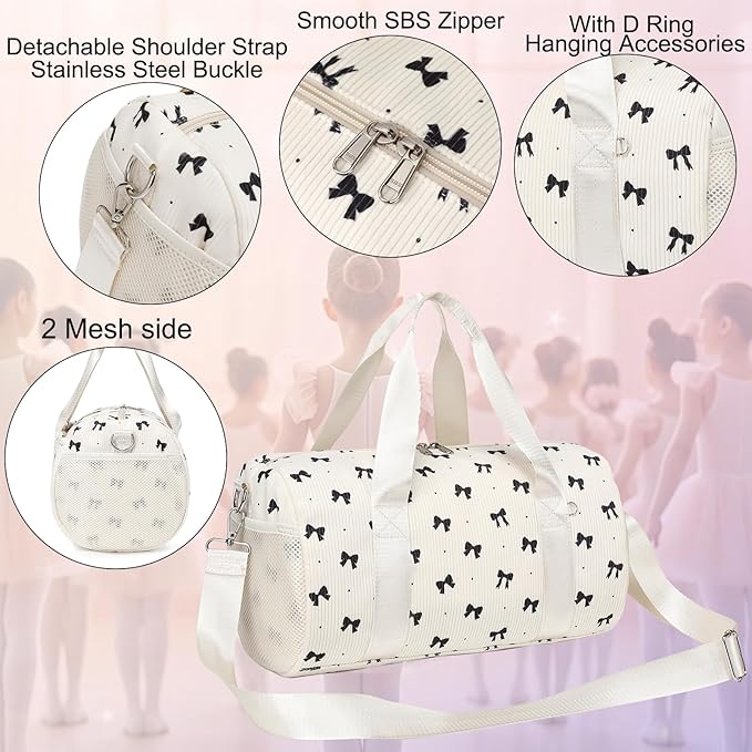 Dance Bag for Girls, Small Gym Sport Yoga Cheer Dance Bags Gift for Toddler Teen Girls,Kids Ballet Bag Toddler Travel Duffel Tote with Adjustable Straps Black Bow