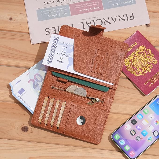 WASON Leather Passport Cover Wallet - Travel Passport Holder with RFID, Card Slots, Cash Pocket, Coin Purse, Tracker Slot, Boarding Pass and Ticket Organizer for Men and Women (Brown)