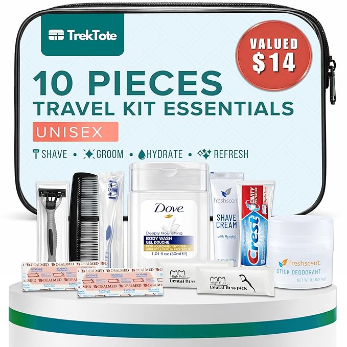 Trektote 10 Piece Travel Hygiene Kit with Toiletries & Dental Essentials, TSA-Compliant, Clear Cosmetic Bag, Single or Bulk Packs