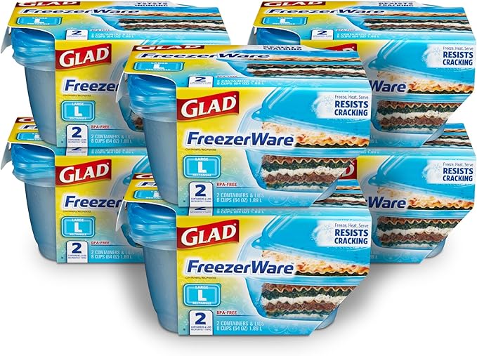 Glad GladWare FreezerWare Food Storage Containers with Lids, Large Rectangle No BPA Plastic for Freezing Soups Meals and Batch Cooking, Crack Resistant, Microwave Dishwasher Safe, 64 Oz, 2 Ct - 6 Pk