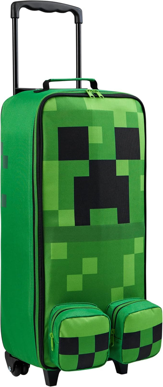 Minecraft Kids Luggage with Wheels Foldable Rolling Suitcase Creeper Travel Bag Vacation Weekend Trips Travel Essentials (L25.2inch x W9.8inch - 17L, Green)