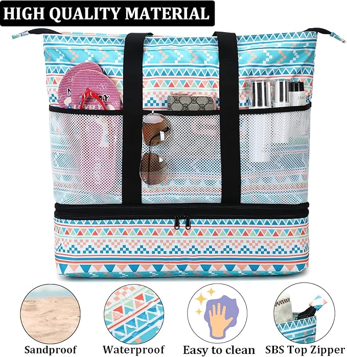 JIANYA Beach Bag Women Waterproof Sandproof Beach Tote Bags with Cooler Top Zipper Large Totes for Pool Travel Daily