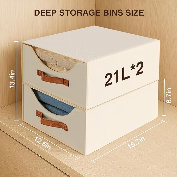 Stackable Storage Drawers - Large Collapsible Storage Bins with Drawers, 4 Pack Closet Shelf Organizer Basket, Fabric Pull Out Organizer for Bedroom, Living Room, Dorm, Light Beige