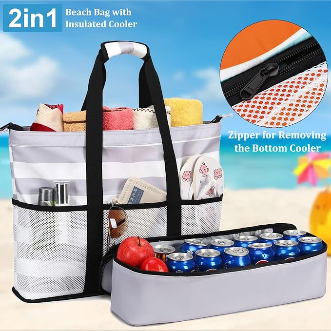 JIANYA Beach Bag Women Waterproof Sandproof Beach Tote Bags with Cooler Top Zipper Large Totes for Pool Travel Daily