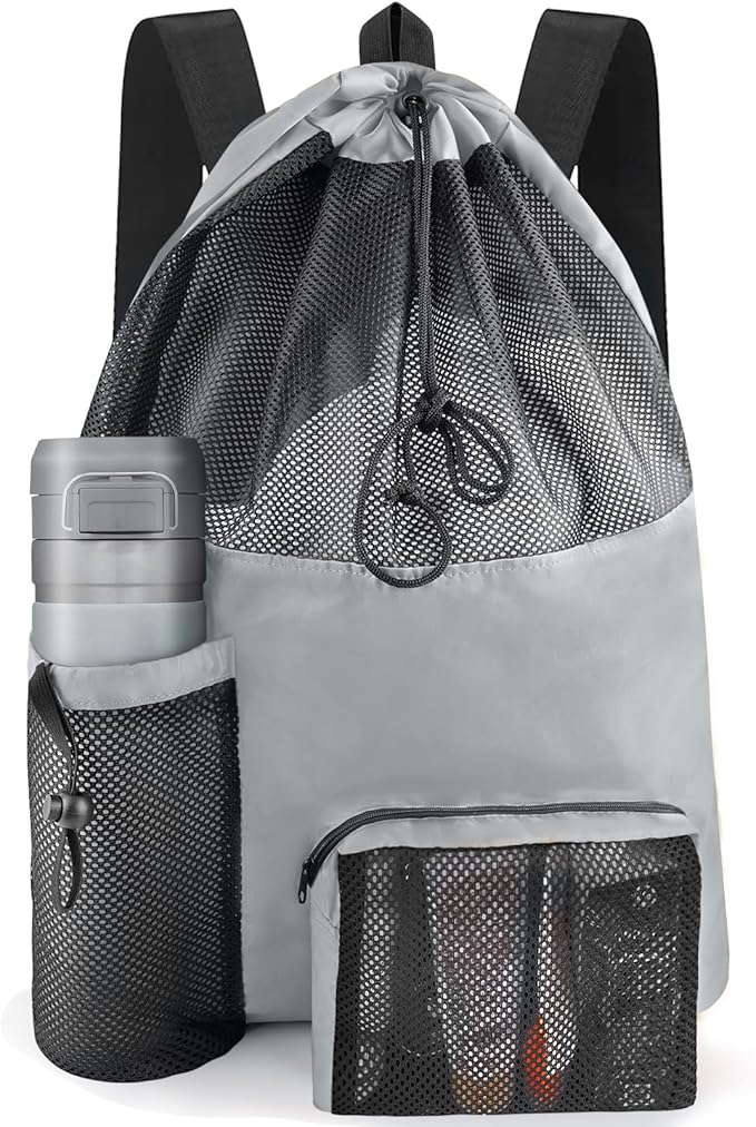Swim Mesh Beach Bag, Waterproof Gym Bags for Women and Men, Large Pool Bag Swimming Gear Drawstring Backpack