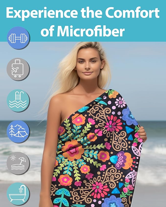 Microfiber Beach Towel Oversized 71X32" Thin, Lightweight, Quick Dry Towel, Sand Free, High Absorbent, Compact, Pool, Swim, Gym, Camping, Cruise, Picnic, Travel Towel, Beach Blanket, Carry Bag, Boho