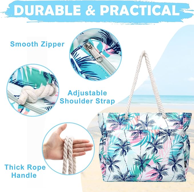 Kasqo Beach Bags for Women, Large Waterproof Beach Bag Tote Zipper Swim Pool Bag with Small Pouch for Grocery Travel Vacation