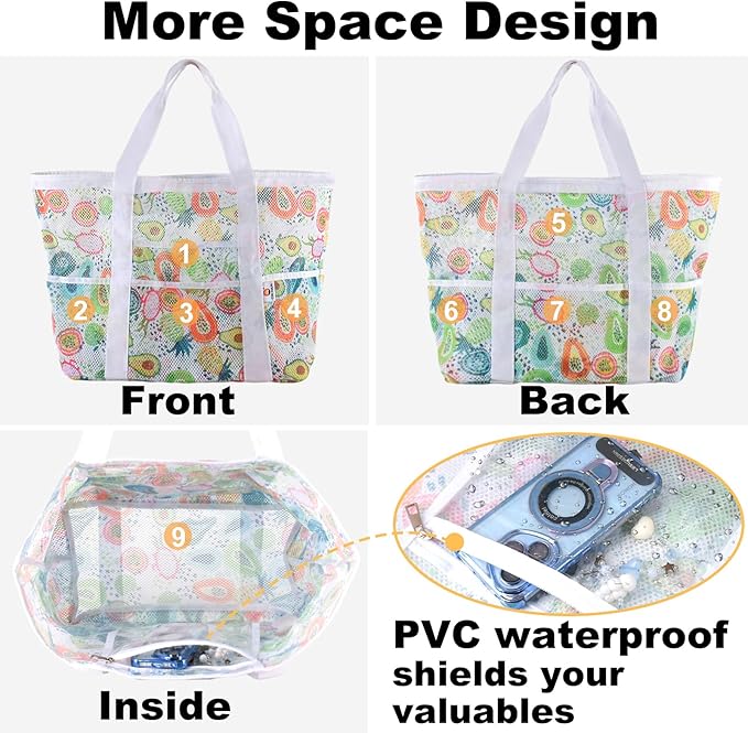 CaCTOUR Mesh Beach Bag,Large Beach Bags for Women with 8 Pockets,Packable Tote Bag for Beach Cruise Pool Vacation Essentials