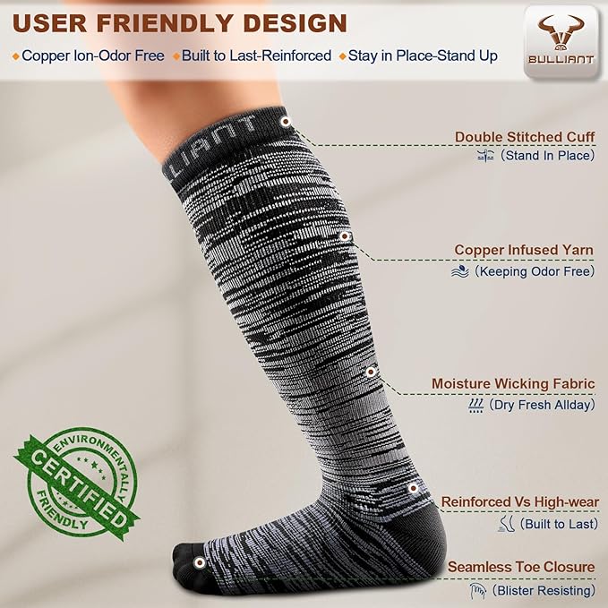 BULLIANT Men Compression Socks 3Pairs-Knee High Socks 15-20 Pressure Unise- Cushioned Sole Extra Wicking