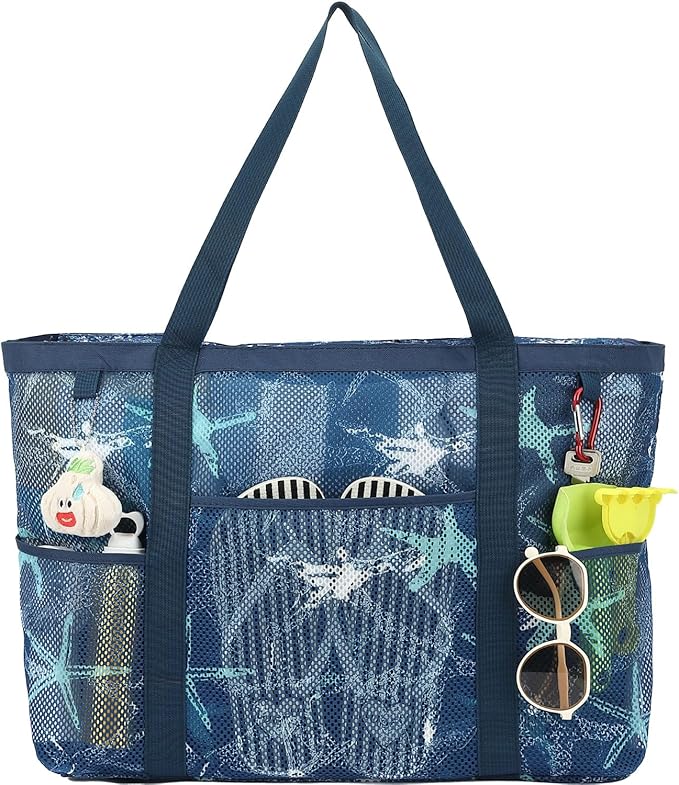 Mesh Beach Bag with Zipper, Large Beach Tote for Women, Toys Pool Swim Bag Travel Vacation Cruise Essentials