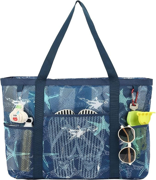 Mesh Beach Bag with Zipper, Large Beach Tote for Women, Toys Pool Swim Bag Travel Vacation Cruise Essentials