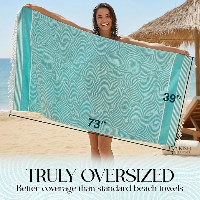 DECOLURE Turkish Beach Towel Oversized 39x73 Inch - 100% Turkish Cotton, Quick Dry and Sand Free Beach Towels for Travel - Lightweight, Absorbent & Soft Peshtemal Towel - (Cyan Wave)