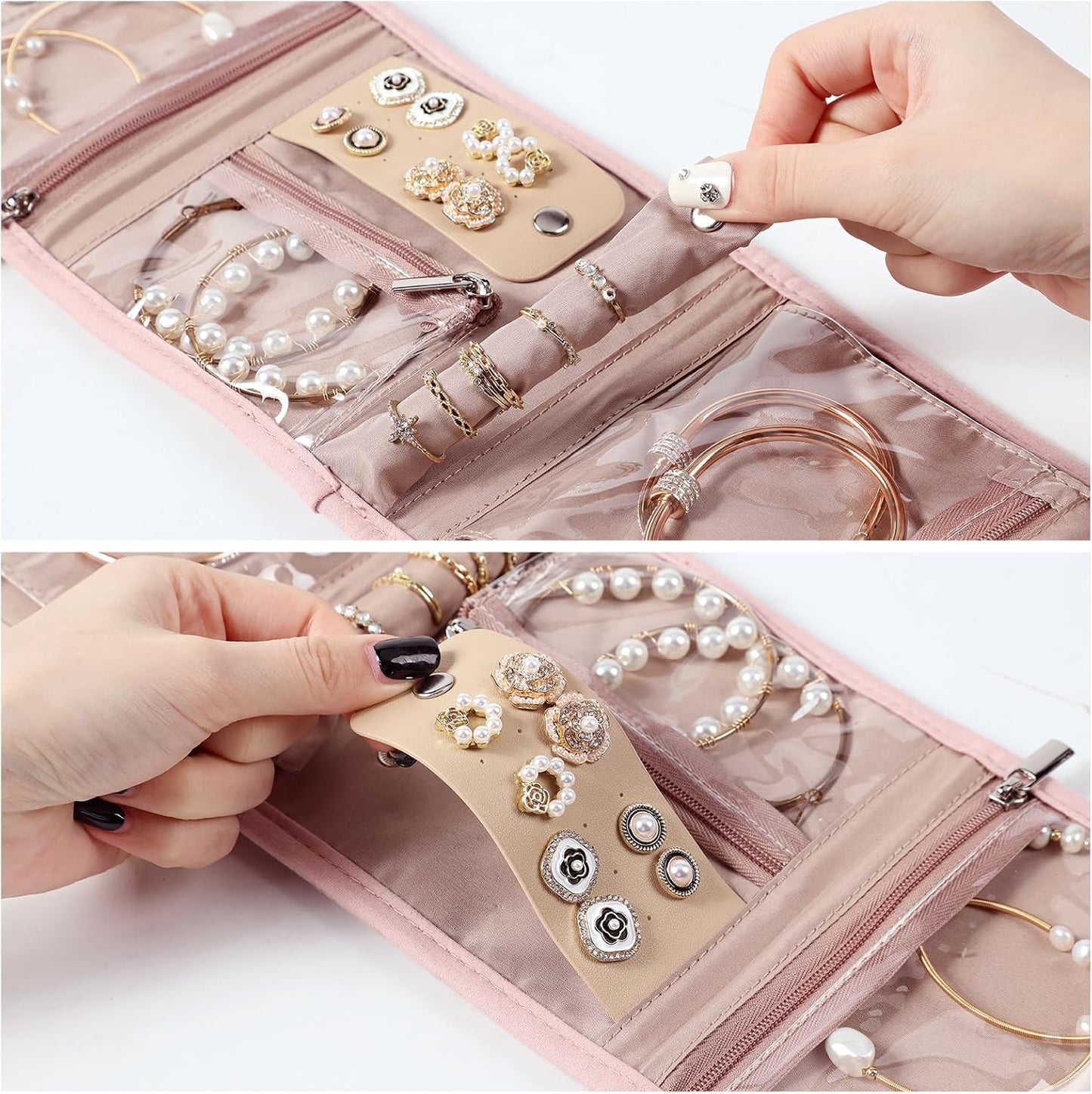 BELALIFE Travel Jewelry Case Organizer, Small Foldable Storage Roll for Earrings, Necklaces, Rings, Bracelets, Brooches, Pink