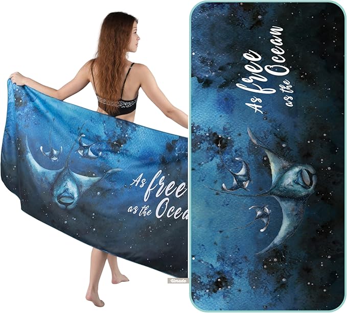 Umade Microfiber Quick Dry Towel, 59" x 29.5" - Compact Lightweight Travel/Backpack/Camping/Yoga Towels with Hanging Loop & Elastic Strap, Manta Rays Design (Deep Blue)