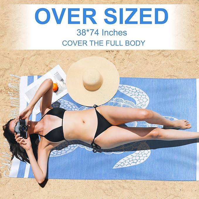 Genovega Oversized Cotton Turkish Beach Towels 72"x36" Lightweight Quick Dry Sandless Pool Swim Towel Large No Sand Adult Travel Compact Blanket Essentials Cruise Accessories Must Haves Blue Turtle