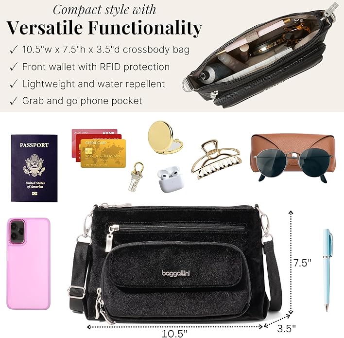 Baggallini Original Everyday 11x7.5 Crossbody Bags Rfid Protected Lightweight Nylon Zippered Travel Purse