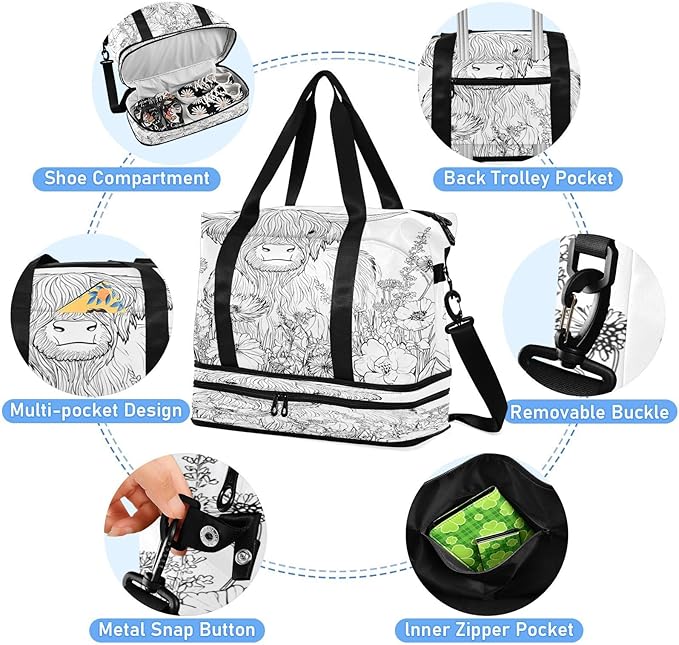 Travel Duffel Bags for Women Floral Highland Cow Line Art Print Sports Duffel Bags Gym Bags with Shoes Compartment Tote Bag Weekender Bag for Travelling