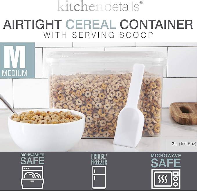 Kitchen Details 2 Pack Cereal Container with Scooper | Medium | Airtight | Food Tin | Keeps Fresh | Kitchen & Pantry Storage Organizers | Clear