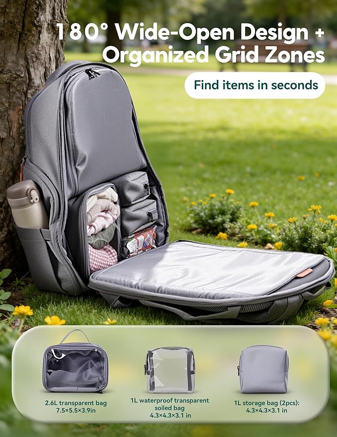 BABELIO Grid Wizard Diaper Bag Backpack - Multi Function Waterproof Diaper Bag, Travel Essentials Baby Bag with 4 Individual Organizers, Insulated Bottle Holders, Baby Shower Gifts, Grey