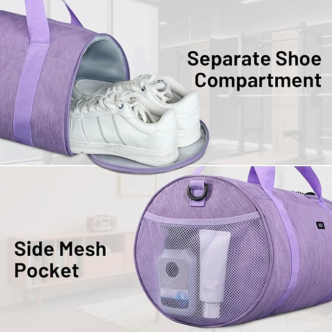 MIER Gym Bag Round Duffle Bag with Shoe Compartment & Wet Pocket, Lightweight Carry on Duffel for Men Women Workout Fitness Travel Sports, 24L, Purple